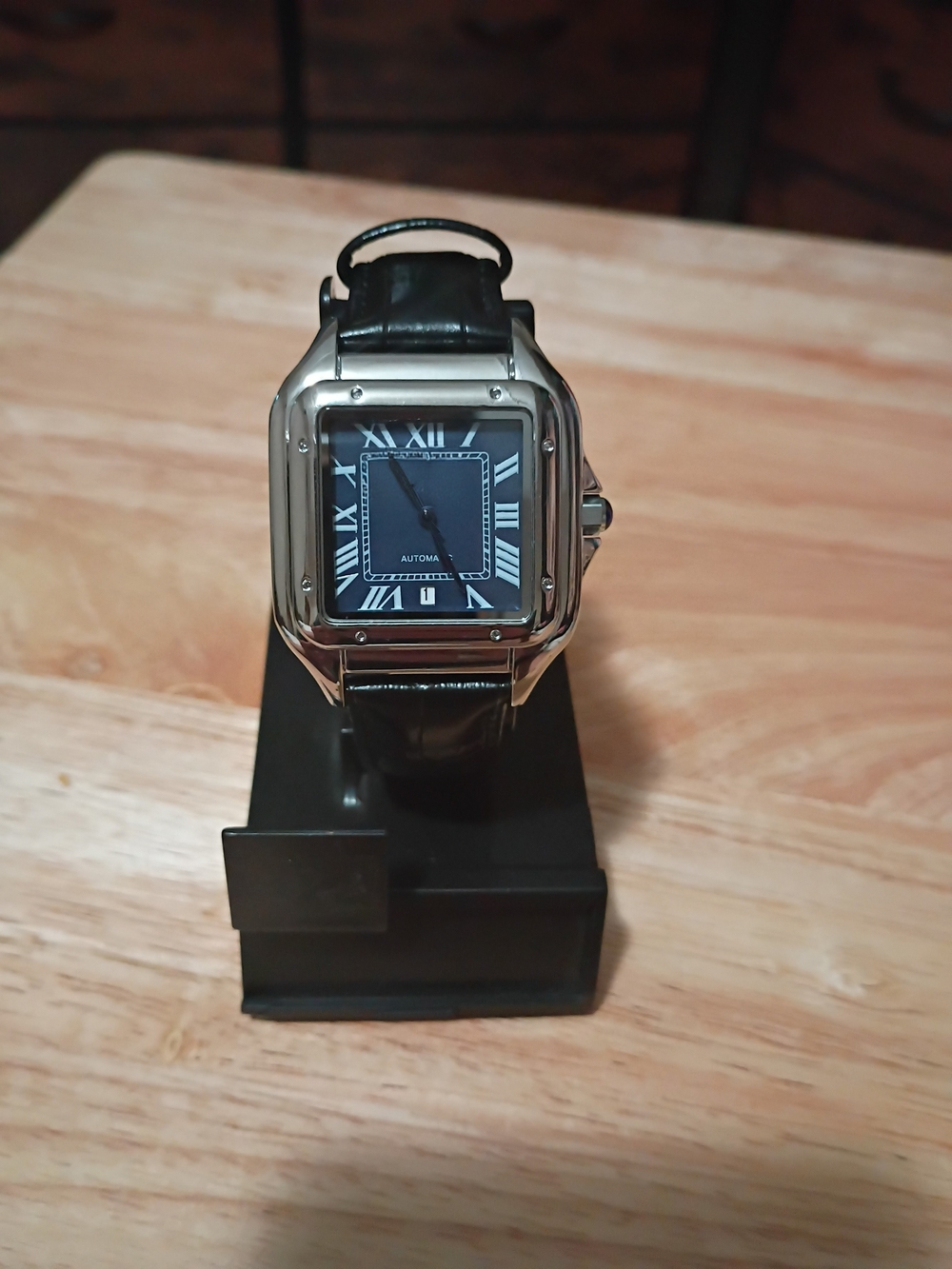 Square Silver Case Watch with Black Dial and Black Leather Strap